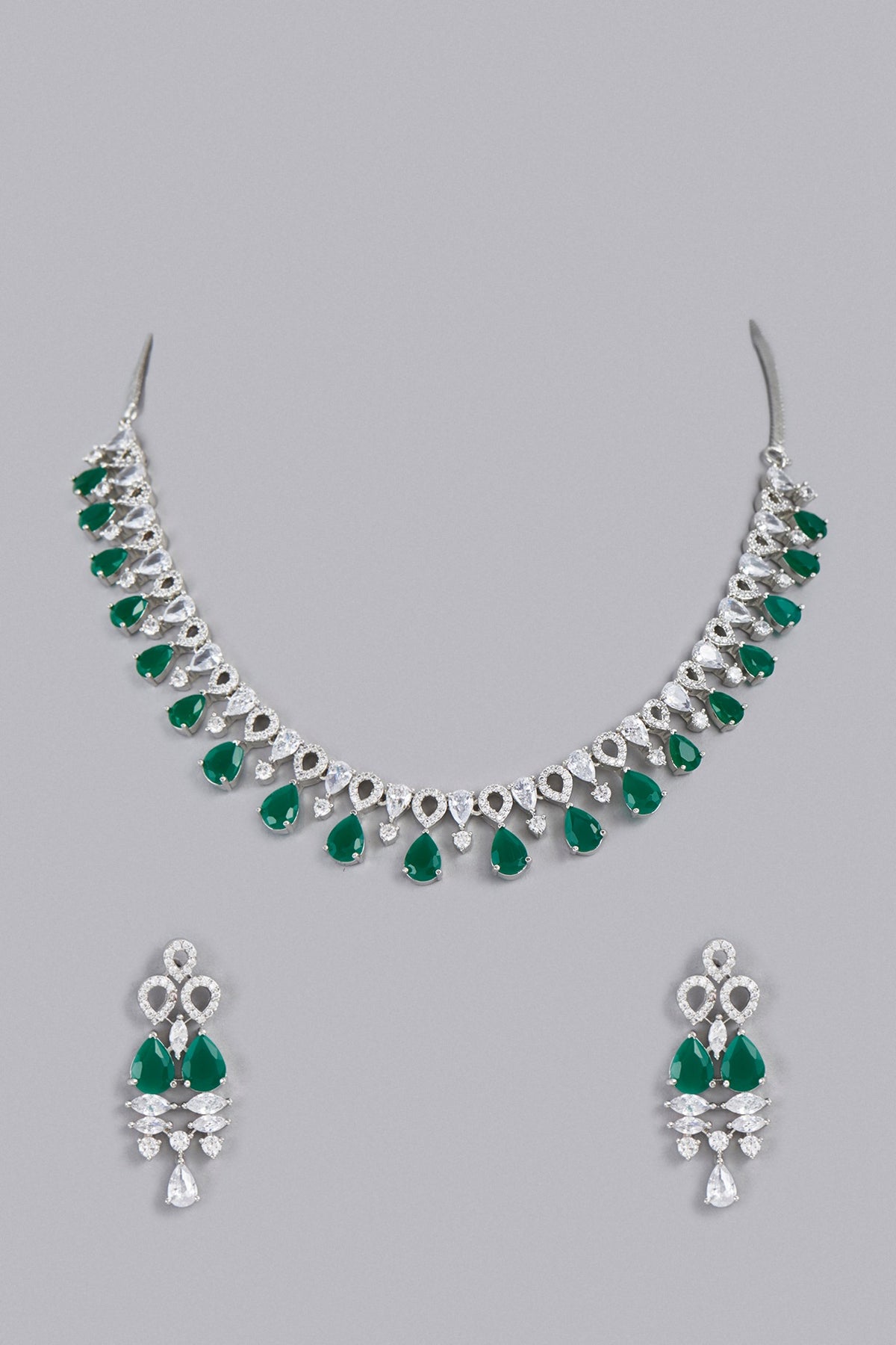 White Finish Zircon & Green Stone Necklace Set