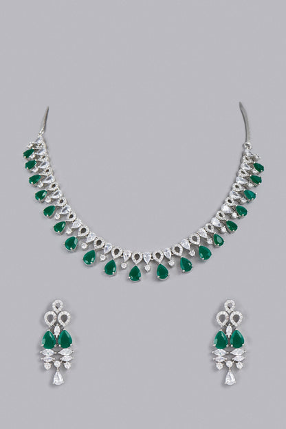 White Finish Zircon & Green Stone Necklace Set