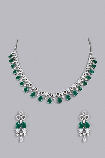 White Finish Zircon & Green Stone Necklace Set