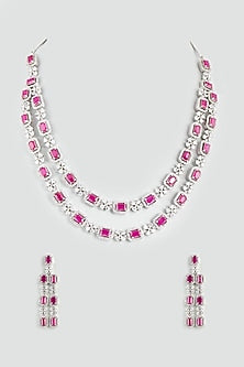 White Finish Faux Diamond & Ruby Synthetic Stone Necklace Set