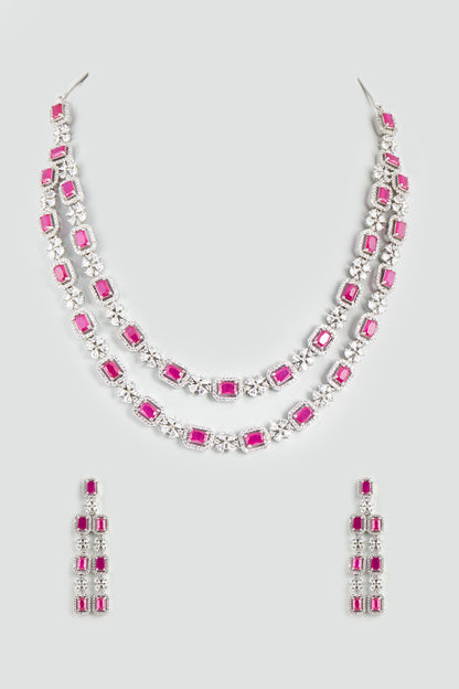 White Finish Faux Diamond & Ruby Synthetic Stone Necklace Set