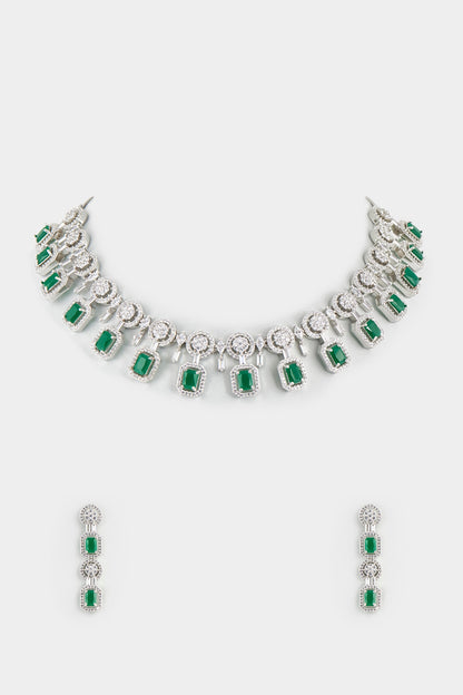 White Finish Faux Diamond & Emerald Synthetic Stone Necklace Set