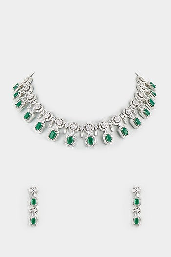 White Finish Faux Diamond & Emerald Synthetic Stone Necklace Set