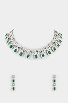 White Finish Faux Diamond & Emerald Synthetic Stone Necklace Set