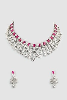 White Finish Zircon & Ruby Synthetic Stones Necklace Set
