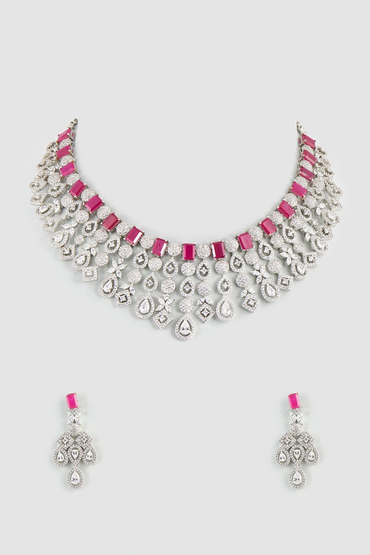 White Finish Zircon & Ruby Synthetic Stones Necklace Set