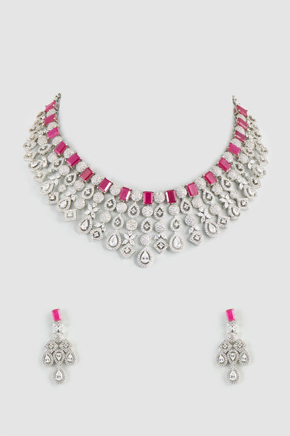 White Finish Zircon & Ruby Synthetic Stones Necklace Set