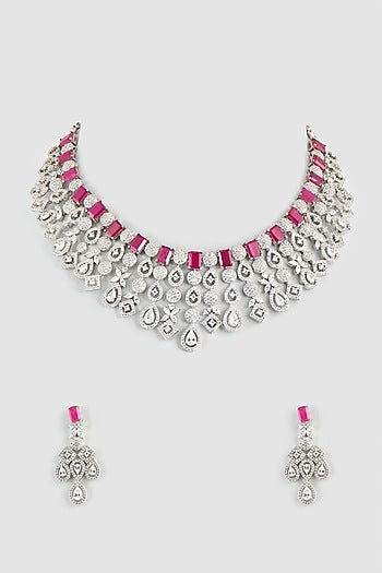 White Finish Zircon & Ruby Synthetic Stones Necklace Set
