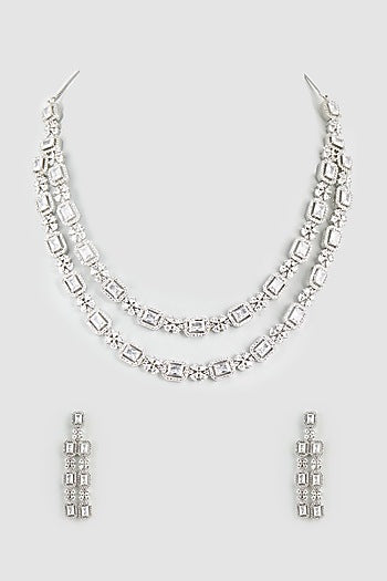 White Finish Faux Diamond & Zircon Layered Necklace Set