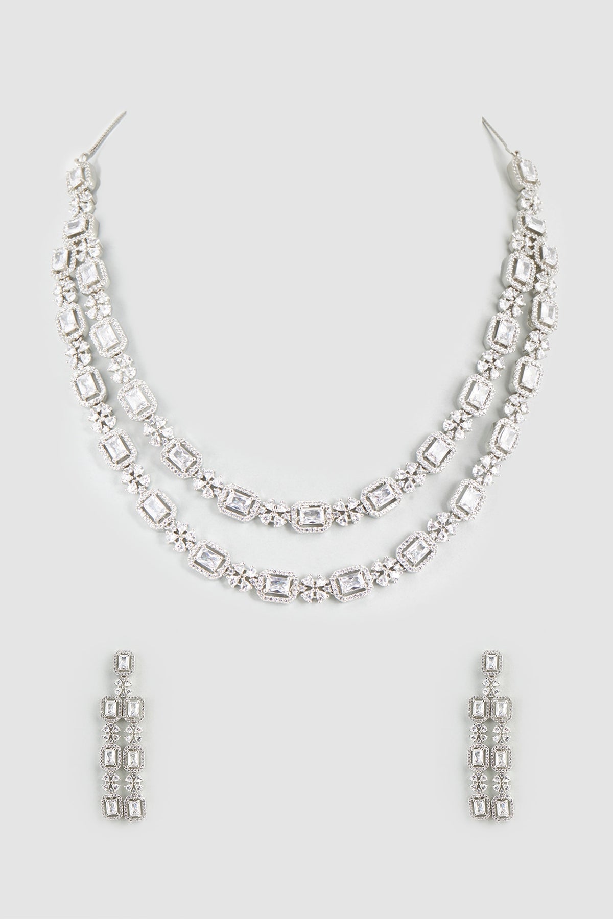 White Finish Faux Diamond & Zircon Layered Necklace Set