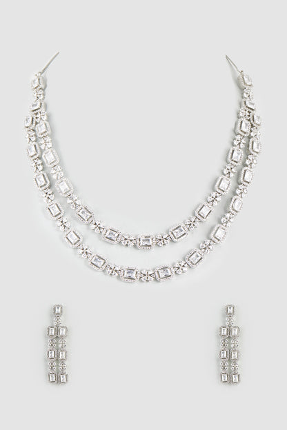 White Finish Faux Diamond & Zircon Layered Necklace Set