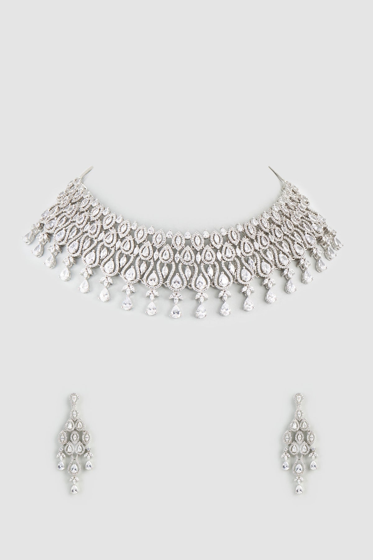 White Finish Zircon & Faux Diamond Necklace Set