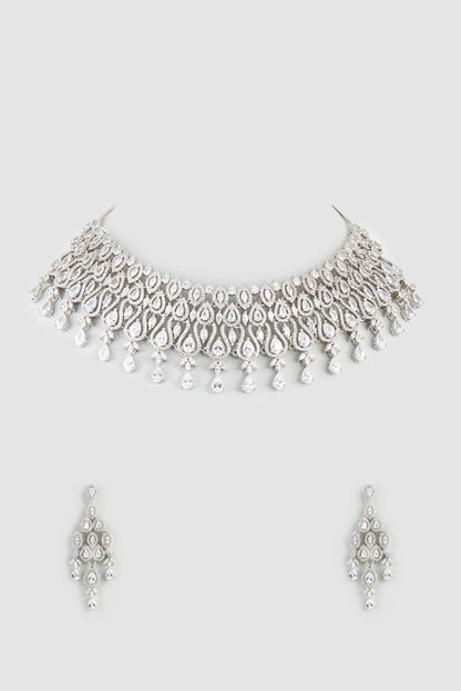 White Finish Zircon & Faux Diamond Necklace Set