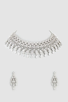 White Finish Zircon & Faux Diamond Necklace Set