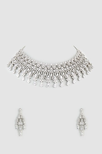 White Finish Zircon & Faux Diamond Necklace Set
