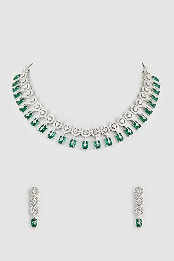 White Finish Emerald Synthetic Stone & Zircon Necklace Set