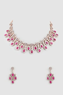 Rose Gold Finish Faux Diamond & Red Synthetic Stone Necklace Set