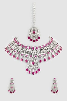 White Finish Faux Diamonds & Ruby Synthetic Stone Necklace Set