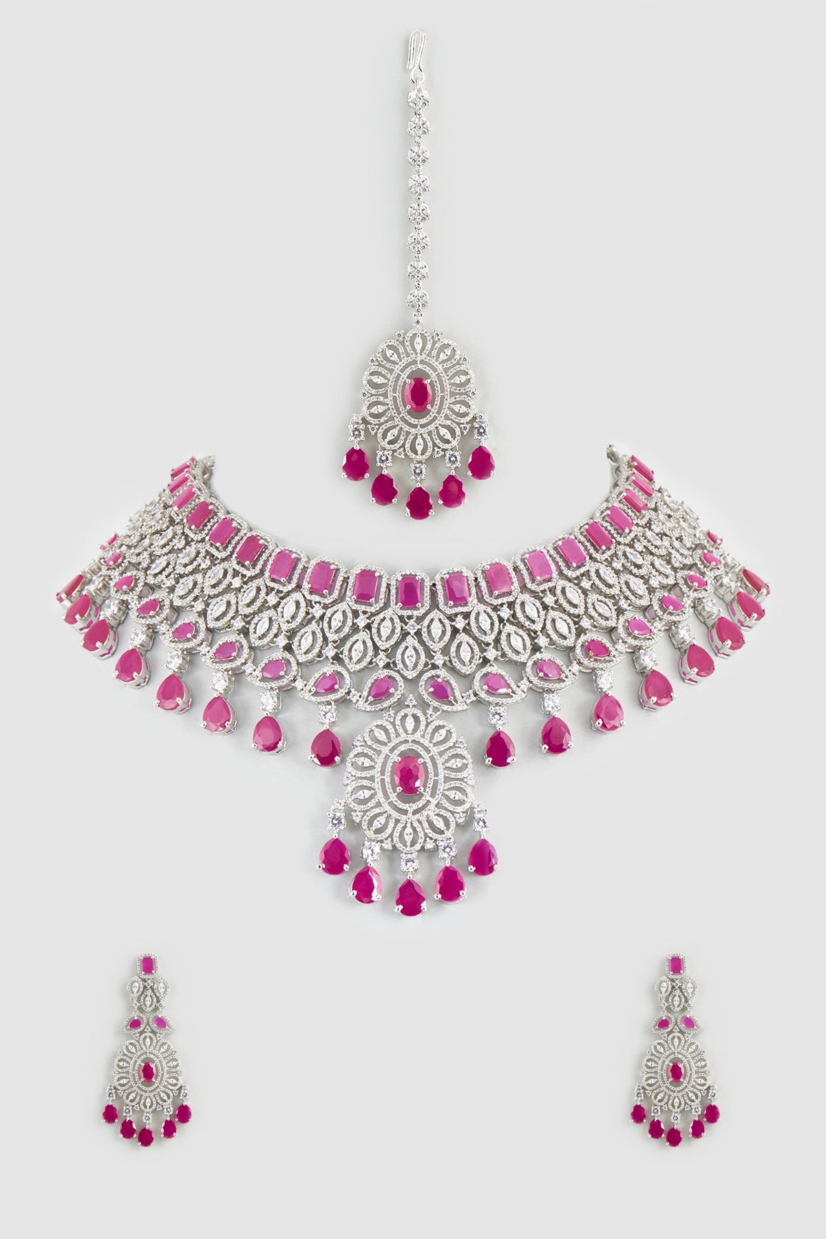 White Finish Faux Diamonds & Ruby Synthetic Stone Necklace Set