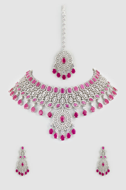 White Finish Faux Diamonds & Ruby Synthetic Stone Necklace Set