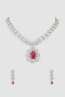 White Finish Zircon & Ruby Synthetic Stones Necklace Set