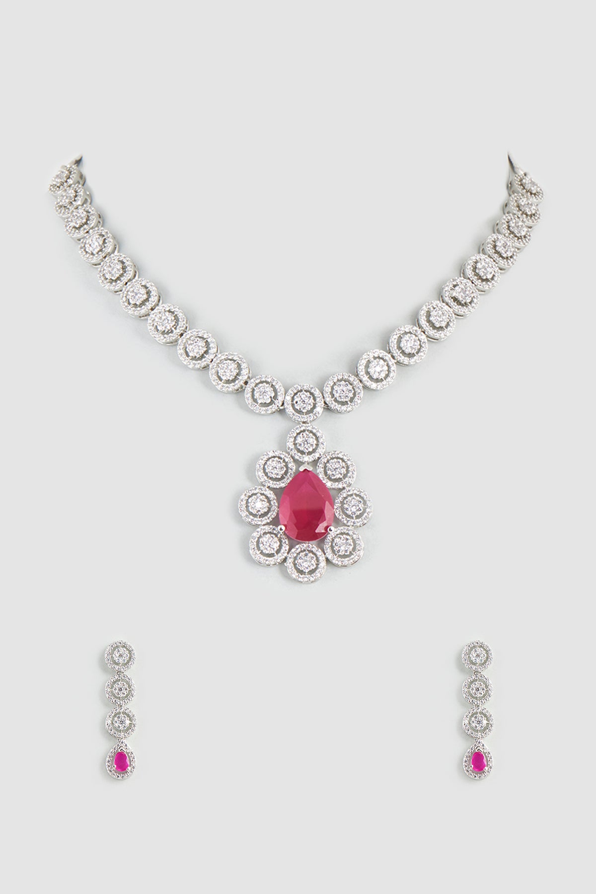 White Finish Zircon & Ruby Synthetic Stones Necklace Set