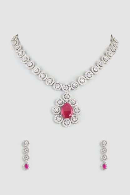 White Finish Zircon & Ruby Synthetic Stones Necklace Set