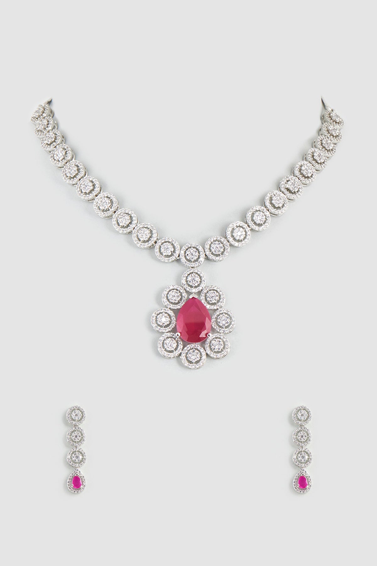 White Finish Zircon & Ruby Synthetic Stones Necklace Set