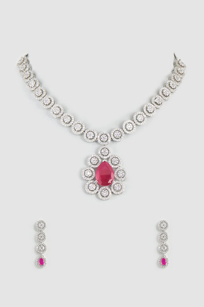 White Finish Zircon & Ruby Synthetic Stones Necklace Set