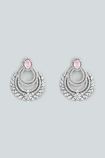 White Finish Pink Stone & Zircon Dangler Earrings