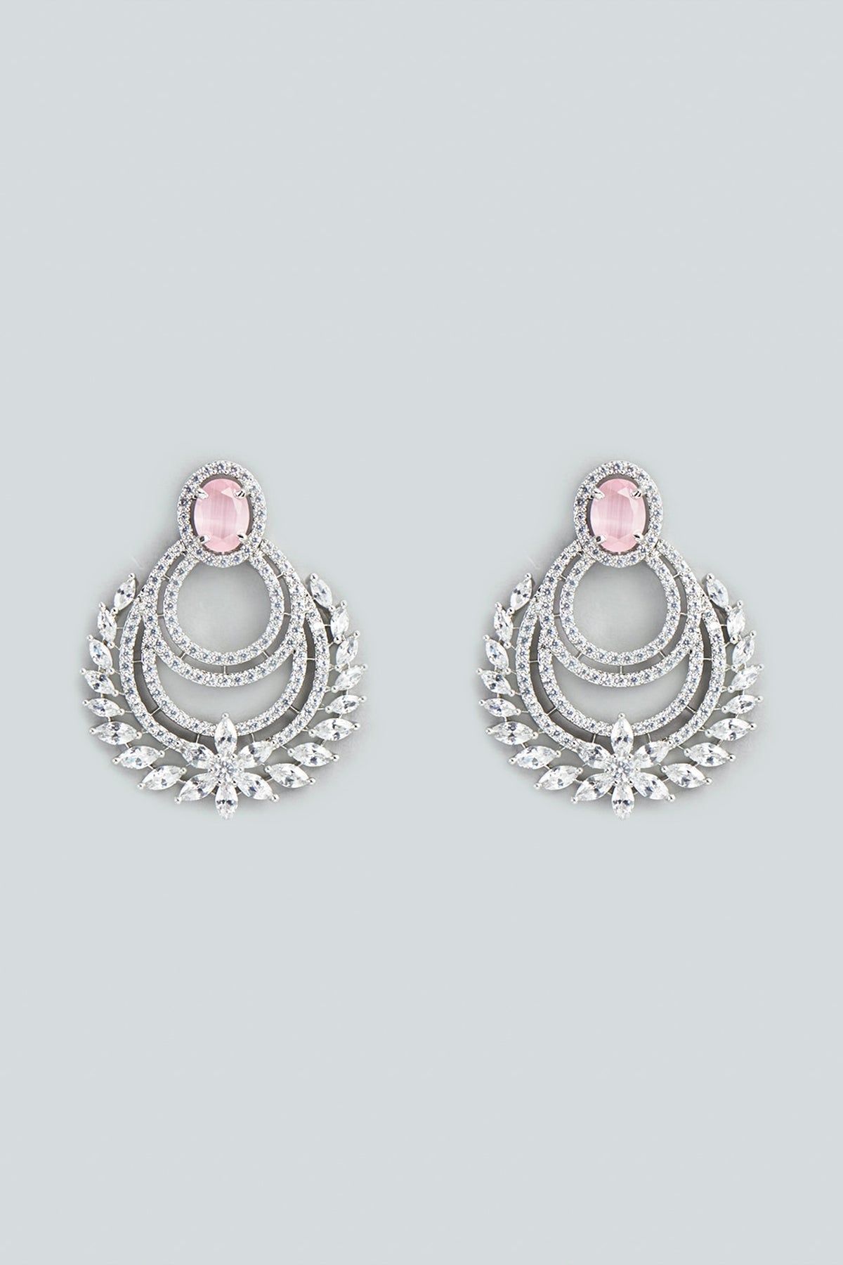 White Finish Pink Stone & Zircon Dangler Earrings