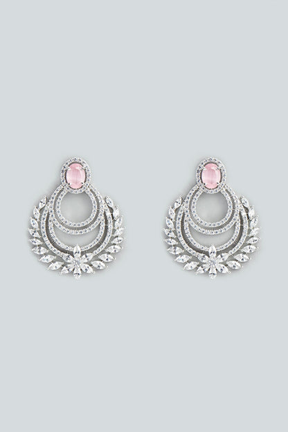 White Finish Pink Stone & Zircon Dangler Earrings
