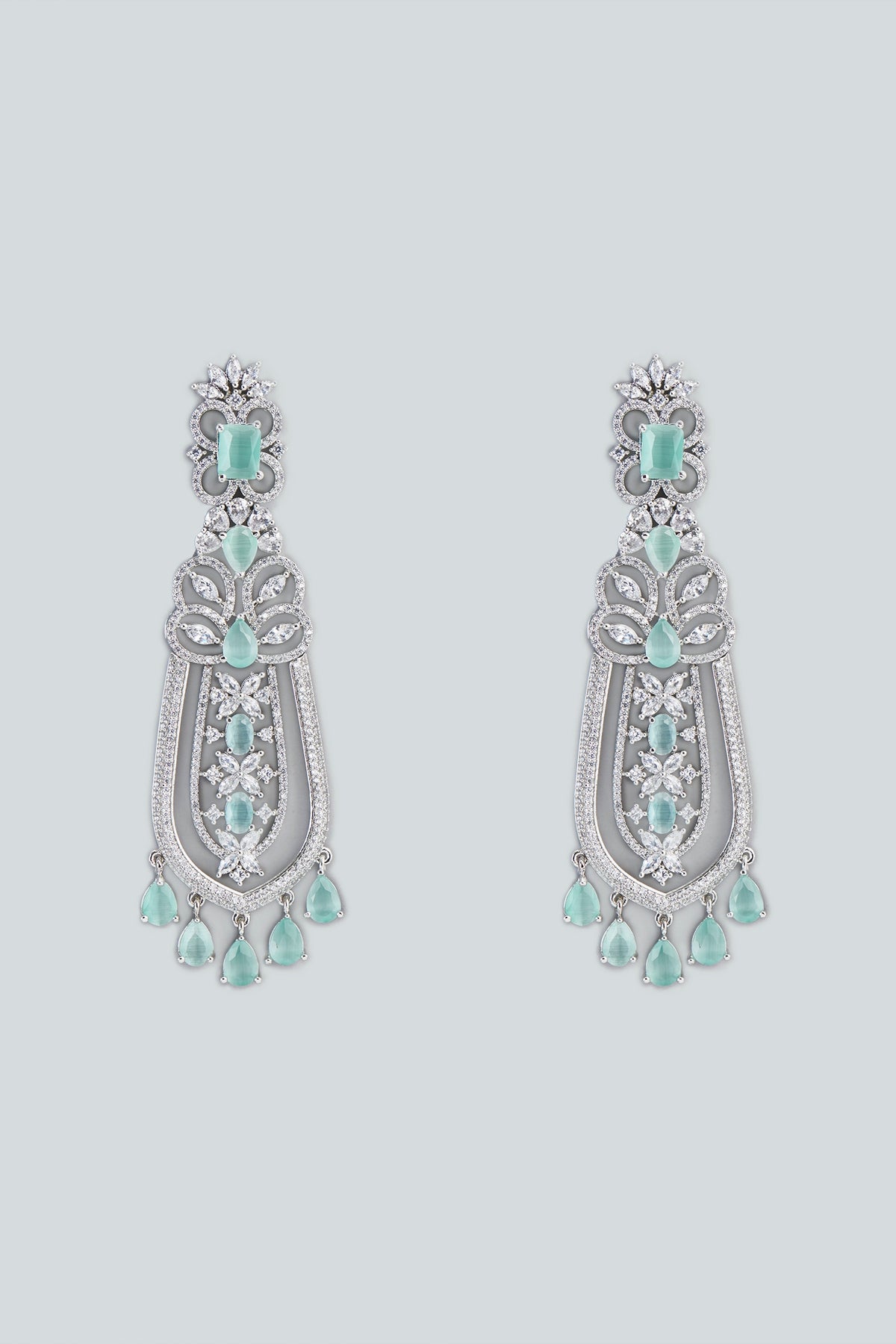 White Finish Aqua Stone & Zircon Dangler Earrings
