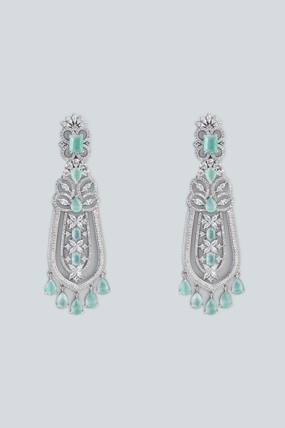 White Finish Aqua Stone & Zircon Dangler Earrings