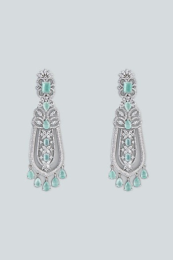 White Finish Aqua Stone & Zircon Dangler Earrings