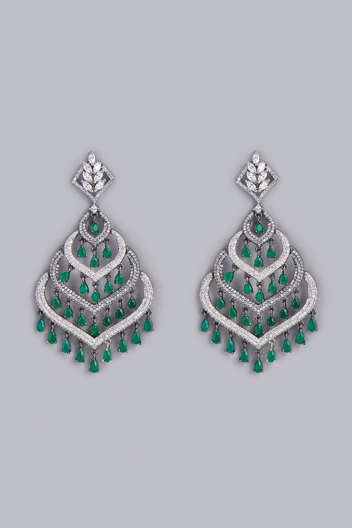 White Finish Green Stone & Zircon Dangler Earrings