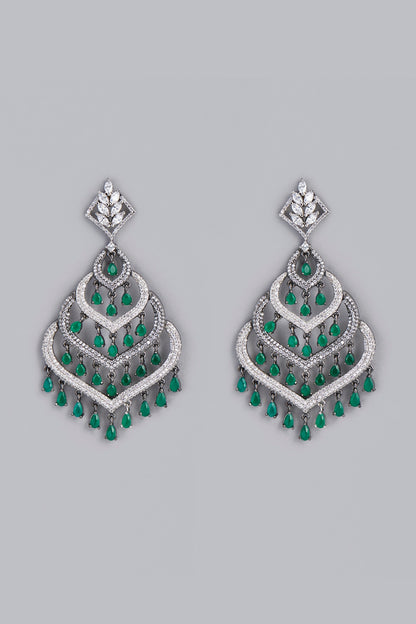 White Finish Green Stone & Zircon Dangler Earrings