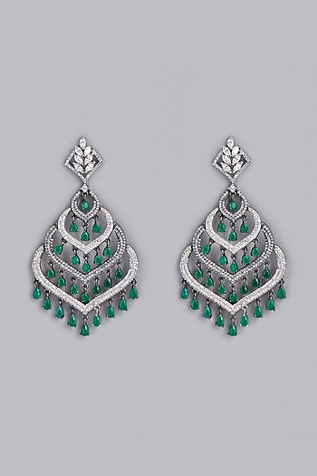 White Finish Green Stone & Zircon Dangler Earrings