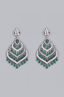 White Finish Green Stone & Zircon Dangler Earrings