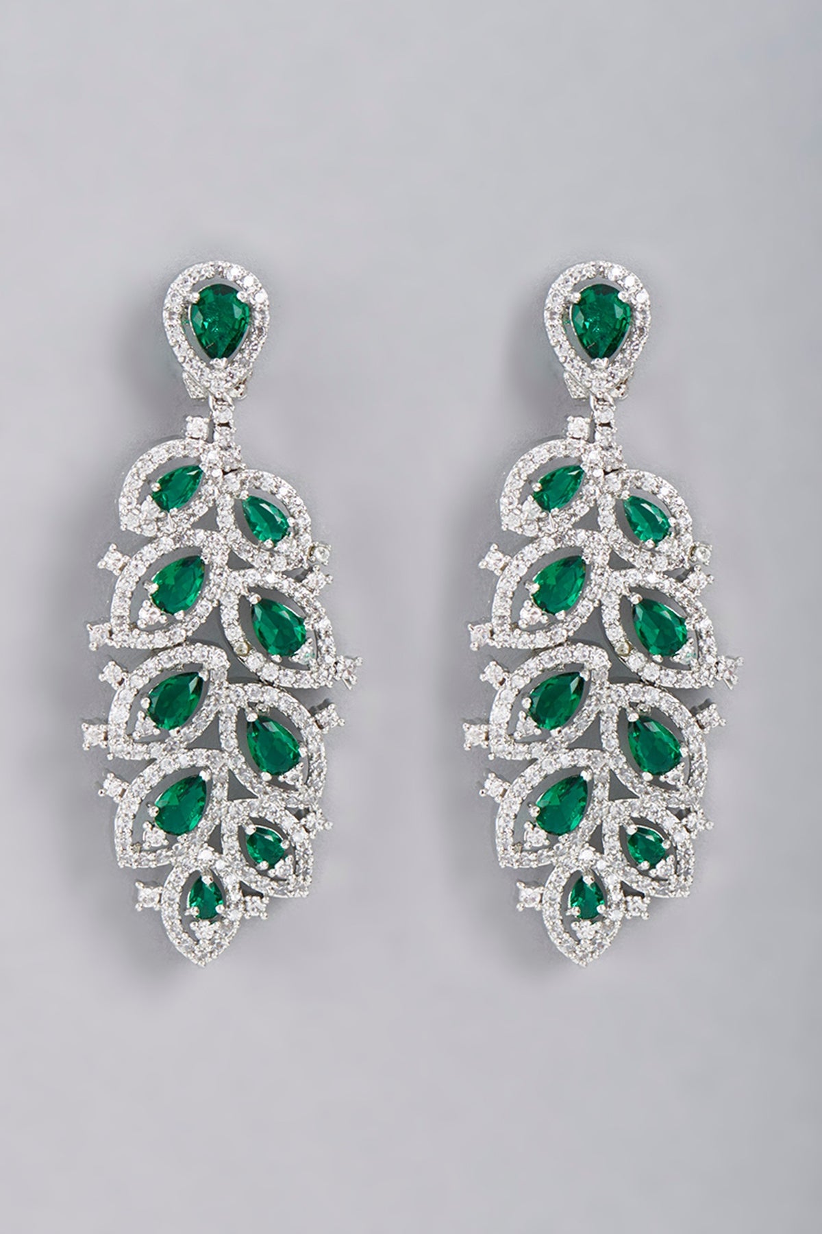 White Finish Green Stone Dangler Earrings