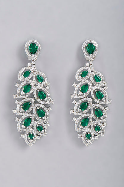 White Finish Green Stone Dangler Earrings