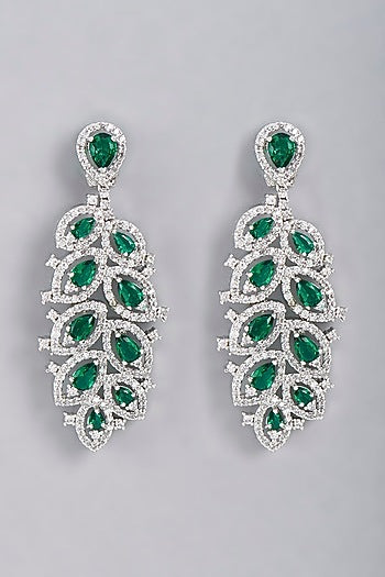 White Finish Green Stone Dangler Earrings
