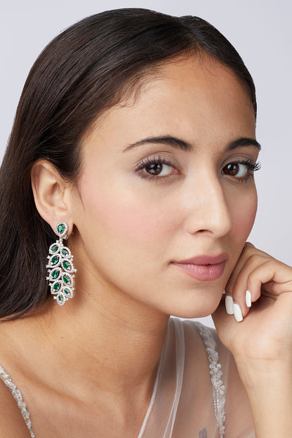 White Finish Green Stone Dangler Earrings