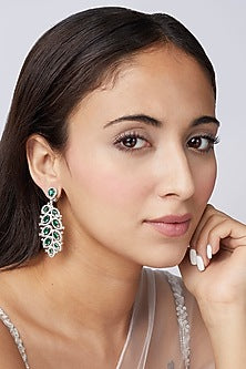 White Finish Green Stone Dangler Earrings