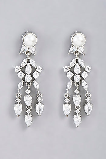 White Finish Faux Diamond Dangler Earrings