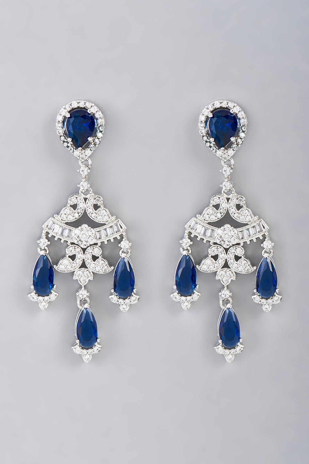 White Finish Blue Synthetic Stone Dangler Earrings