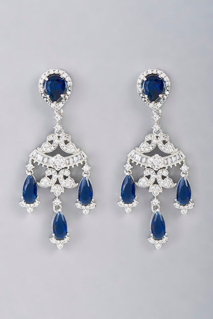 White Finish Blue Synthetic Stone Dangler Earrings