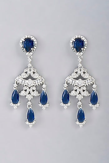 White Finish Blue Synthetic Stone Dangler Earrings
