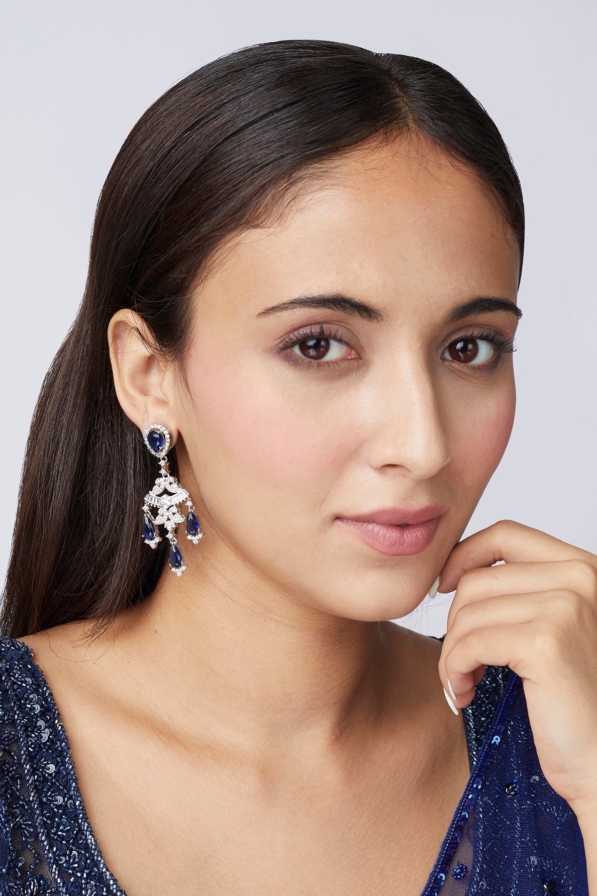 White Finish Blue Synthetic Stone Dangler Earrings