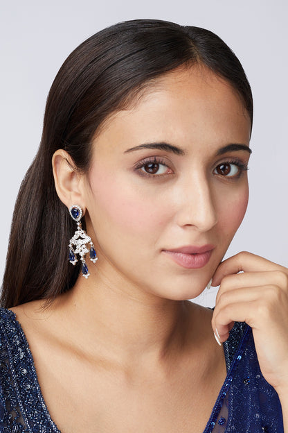 White Finish Blue Synthetic Stone Dangler Earrings